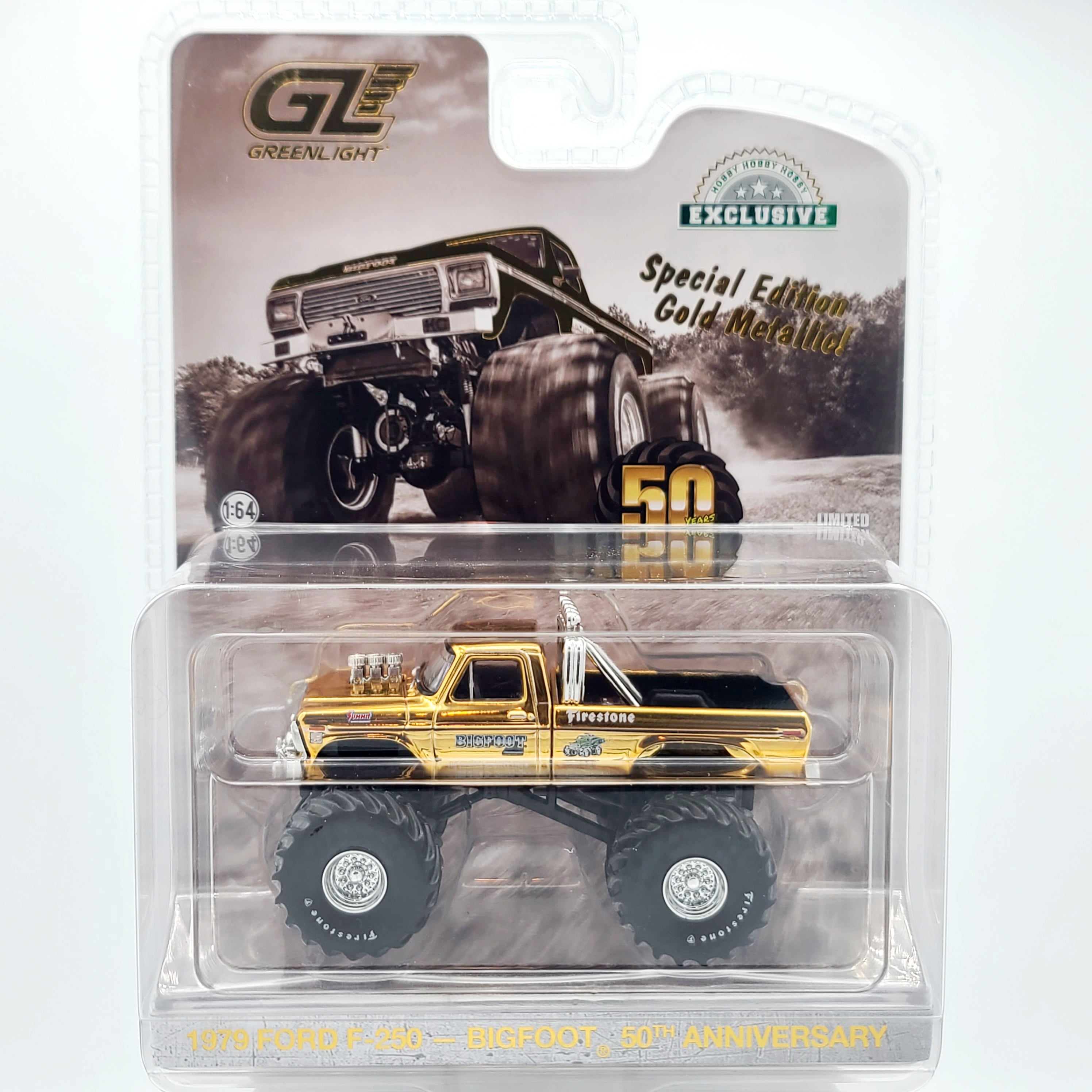 GreenLight - CHASE, GOLD CHROME - '79 Ford F-250 "Bigfoot #1" Monster Truck - 1:64, 50th Anniversary (2025 Hobby Exclusive)